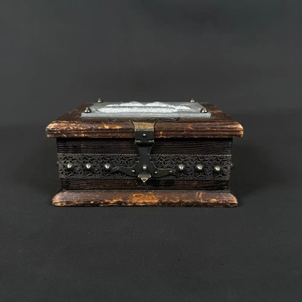 Vintage Wooden Trinket Box Metal Sailing Ship Relief Lid Metal Hardware